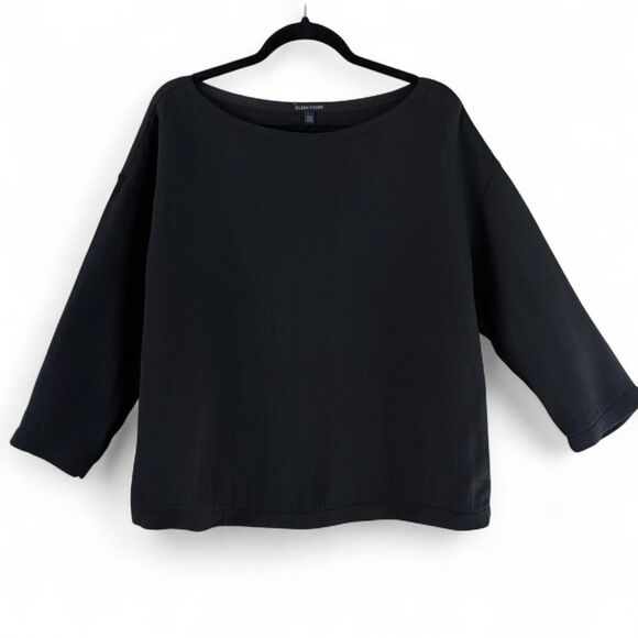 Eileen Fisher Silk Blend Boatneck 3/4 Sleeve Double Layer "Sponge" Top Black L - Picture 1 of 7